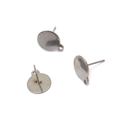 Steel Earring Findings, 12x12.5x0.8 mm with 10 mm Plate and 1 mm Hole, Silver Color - 4 Pieces