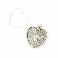 Heart Shaped Metal Base Blank for Pendant 34x28x3 mm, with Glass Cabochon 25x25x6 mm, Silver color