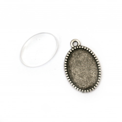 Метална основа за медальон 24x16x2 мм със стъклен кабошон 18x13x4 мм цвят сребро