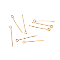 Steel Connector Pin 0.6x25 mm with 2 mm Loop, Gold Color - Set of 10 Pieces