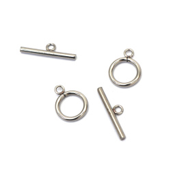 Steel Clasp, 2 Parts: 18x14x2 mm with 2 mm Hole and 6.5x25x2.5 mm with 2 mm Hole, Silver Color - Set of 5 Sets