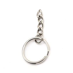 Key Holder Ring, 20x2 mm, double windings with chain, silver color - 20 pieces