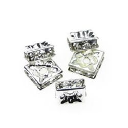 Jewelry findings, square metal separator with crystals 8 mm white -10 pieces