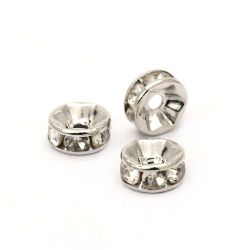 Metal Spacer Bead with Crystals -  Quality B / 7x3 mm, Hole: 1 mm / Silver - 10 pieces