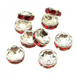 Șaibă metalică cu cristale roșii 8x3,5 mm gaură 1,5 mm culoare alb -10 bucăți