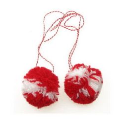 Two-tone Pompoms (Red and White) with Twisted Cord / 55 mm - 2 pieces