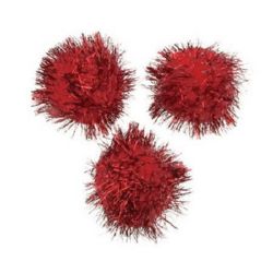Red Glitter Pompoms with Metallic Thread for DIY Martenitsi, Christmas Decoration, etc. / 34.5 mm - 10 pieces