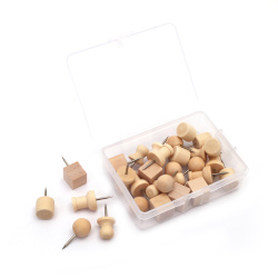 Wooden Push Pins for Cork Board,  Assorted Shapes, 20~22x10 mm - 30 pieces