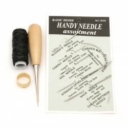 Set de instrumente pentru piele (ace de tapițerie -7 bucăți, punte, degetar și fir de ceară)