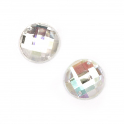 Acrylic Sew-On Rhinestones, 15 mm Round, Transparent Rainbow, Faceted, Four-Hole - 10 Pieces