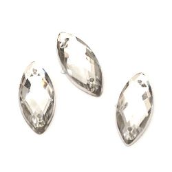 Акрилни камъчета за пришиване 10x23 мм листо цвят бял фасетиран - 20 броя