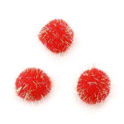 Red Glitter Pompoms with Lame RAINBOW Thread / 30 mm - 10 pieces