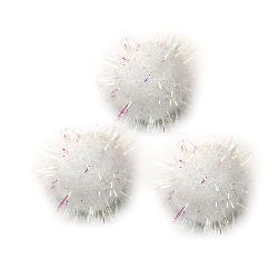 White Glitter Pompoms with Metallic RAINBOW Thread / 25 mm - 20 pieces