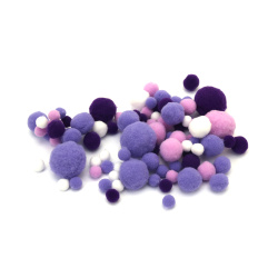 Pompoms from 10 mm to 26 mm in White-Purple Range ~ 90 pieces - 15 grams