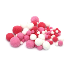 Pompoms from 10 mm to 26 mm in White-Pink Range ~ 90 pieces - 15 grams