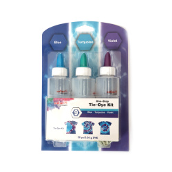 Sada na batikování a malování na textil Tie-Dye, 3 barvy – modrá, zelená a fialová – ideální na dekorování látek, DIY tvoření a kreativní designy