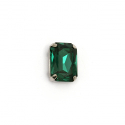 Стъклен камък за пришиване с метална основа правоъгълник 14x10x6 мм дупка 1 мм екстра качество цвят зелен
