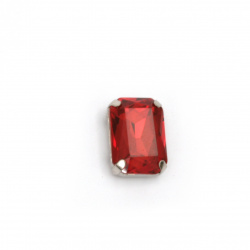 Crystal glass stone for sewing with metal base rectangle 14x10x6 mm hole 1 mm extra quality color red