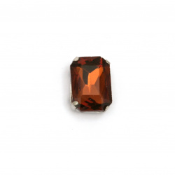 Crystal glass stone for sewing with metal base rectangle 14x10x6 mm hole 1 mm extra quality color brown