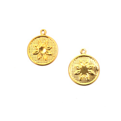 Metal Coin, flower, 15 mm, hole 1.5 mm, gold color - 50 pieces