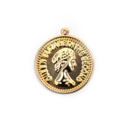 Metal coin, 20 mm, with a 2 mm hole, gold color with a face - 10 pieces