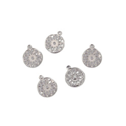 Metal Coin with Flower, 15 mm,  Hole: 1.5 mm, Silver Color - 50 pieces