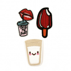Embroidered Iron-On DIY Patches for clothes, bags, vest, backpacks and more, 40~10x60~70 mm ASSORTED figures - 3 pieces: A smiling cup, Lips drinking from Take Me Away cup, Ice Cream on a stick