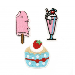 Embroidered Iron-On DIY Patches for clothes, bags, vest, backpacks and more, 50~10x60~70 mm ASSORTED figures - 3 pieces: Ice Cream, Muffin and a Strawberry Milkshake