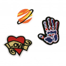 Embroidered Iron-On DIY Patches for clothes, bags, vest, backpacks and jeans, 65~40x35~60 mm ASSORTED figures - 3 pieces: Love Heart, Hand and Planet 