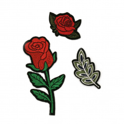 Embroidered Iron On Flower Patches for clothes, bags, dresses, backpacks and more, 65~30x105~50 mm ASSORTED Roses & Leaf -3 pieces