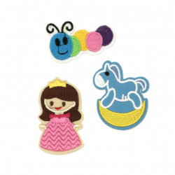 Embroidered Patches, Sew On or Iron On Clothes, Bags, Jeans, Hats, Dress, 55~40x35~65 mm, ASSORTED figures - 3 pieces: Princess, Caterpillar, Horse on the Moon