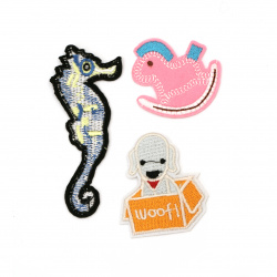 Embroidered Patches, Sew On or Iron On Clothes, Bags, Jeans, Hats, Dress, 20~50x90~50 mm ASSORTED figures - 3 pieces: Seahorse, Horse and Dog