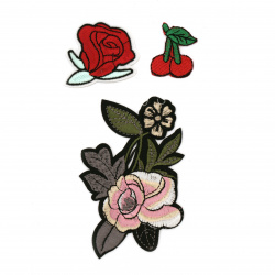 Embroidered Iron-On Sew-On Applique, Flower and Strawberry Patches for Cloths, Pants, Jackets, Hats, Jeans, DIY Accessories,  30~65x35~115 mm ASSORTED flowers and fruits - 3 pieces
