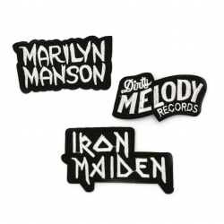 Embroidered Iron-On Sew-On Applique, Patches for Cloths, Pants, Jackets, Hats, Jeans, DIY Accessories,   75~85x40~50 mm ASSORTED Rock Bands Names - 3 pieces: Iron Maiden, Marilyn Manson, Dirty Melody Records