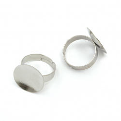 Metal Base for Ring, Adjustable Finger Ring Blank, Size: 19 mm, Plate: 18 mm, Silver Color, for Jewelry Making - 5 pieces