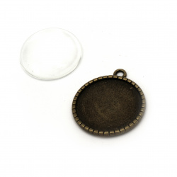 Set pandantiv metalic 32x28x2 mm gaura 2 mm culoare bronz antic si cabochon transparent 25x7,4 mm -6 bucati