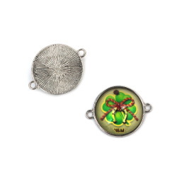Connector Cabochon Charm, Silver-Colored Metal and Glass, Clover with Horseshoe, 29x22x6.5 mm, Hole: 2 mm - 5 pieces