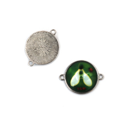 Connector Cabochon Element, Metal Silver-Colored with Glass, Snowdrop Design, 29x22x5 mm, Hole 2 mm - 5 pieces