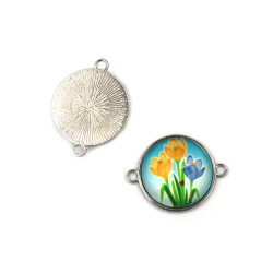 Round Tulip Enamel Connector Charm, Silver-Tone Metal, Blue Background with Yellow/Blue Floral Illustration, 2-Loop Link for Jewelry Making
