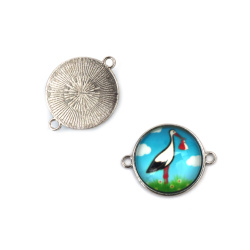 Connector Cabochon Pendant, Metal Silver-Colored with Glass, Stork Design, 29x22x6.5 mm, Hole 2 mm - 5 pieces