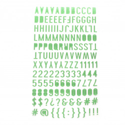 Самозалепващи стикери букви цифри и знаци 10x2±10 мм цвят зелен -145 броя