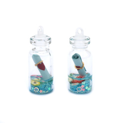 Glass Bottle Pendant with Glitter, Fimo, and Message Scroll 16x41 mm, 3 mm Hole, Blue Color - 2 Pieces