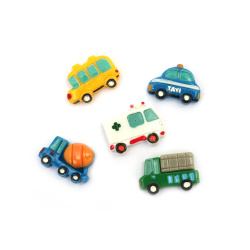 Plastic cabochon-type figure, 2x2.9~2.3x2.8 cm, ASSORTED vehicles - 5 pieces