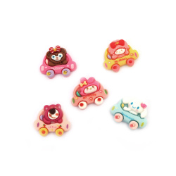 Plastic figure, cabochon type, 2x2.4 cm, ASSORTED animal in a car design - 5 pieces