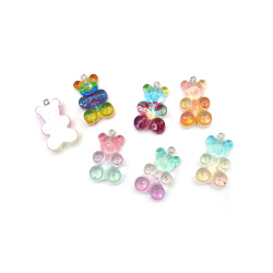 Pandantiv ursuleț din rășină cu brocart 19x31x9 mm gaură 1.5 mm culori iridescente MIX - 2 bucăți