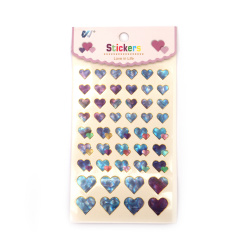 Self-adhesive paper stickers for decoration hearts from 12 mm to 20 mm in a blue-green range with mother-of-pearl effect -47 pieces