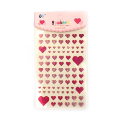Self-adhesive paper stickers for decoration hearts from 12 mm to 20 mm in pink range with mother-of-pearl effect -81 pieces