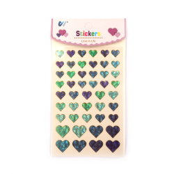 Self-adhesive paper stickers for decoration hearts from 12 mm to 20 mm in purple-green range with mother-of-pearl effect -47 pieces
