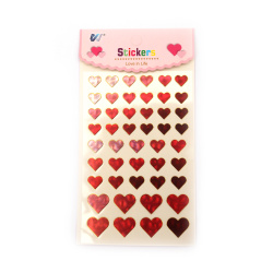 Self-adhesive paper stickers for decoration hearts from 12 mm to 20 mm in pink-red range with mother-of-pearl effect -47 pieces
