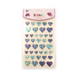 Self-adhesive paper stickers for decoration hearts from 12 mm to 20 mm in a blue-green range with mother-of-pearl effect -39 pieces